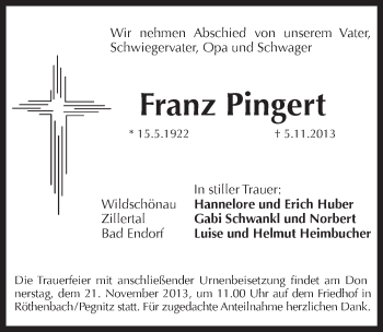 Traueranzeige von Franz Pingert von Pegnitz-Zeitung